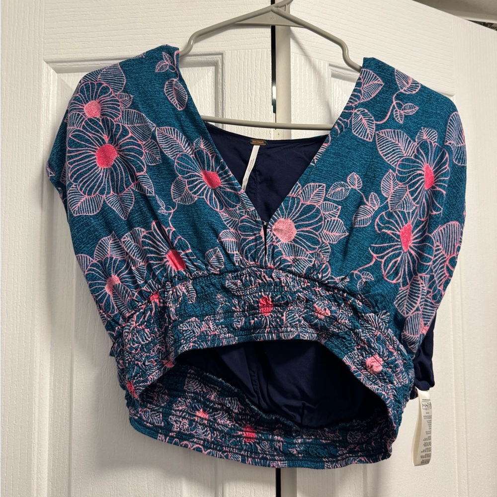 Free People Teal and Pink Floral Crop Top - Picture 4 of 5